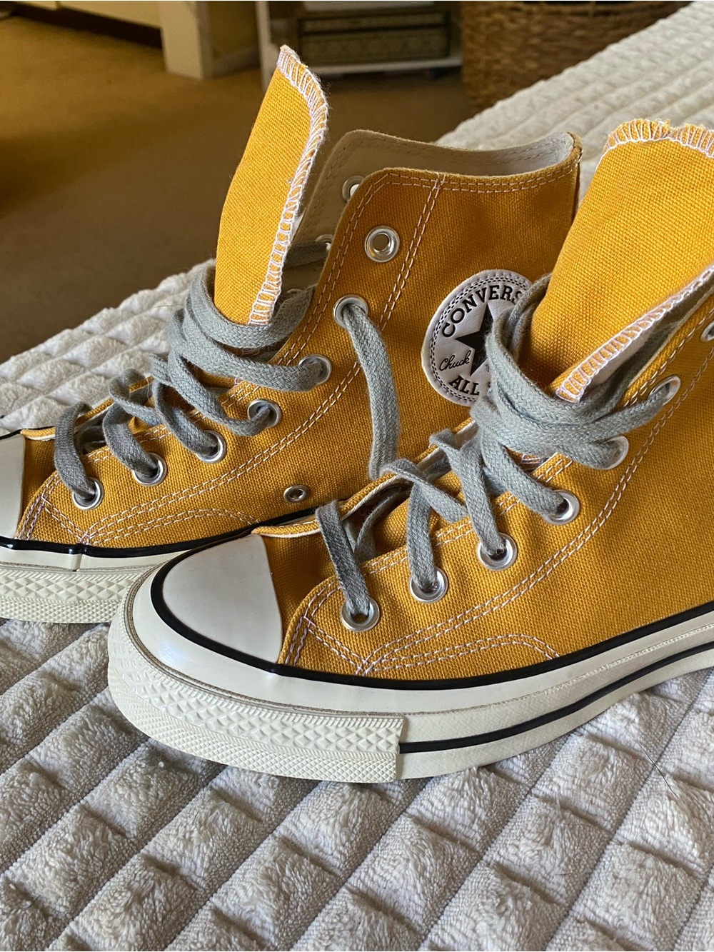 Converse High Top Sneakers in Yellow with Gray Laces - Picture 1 of 5